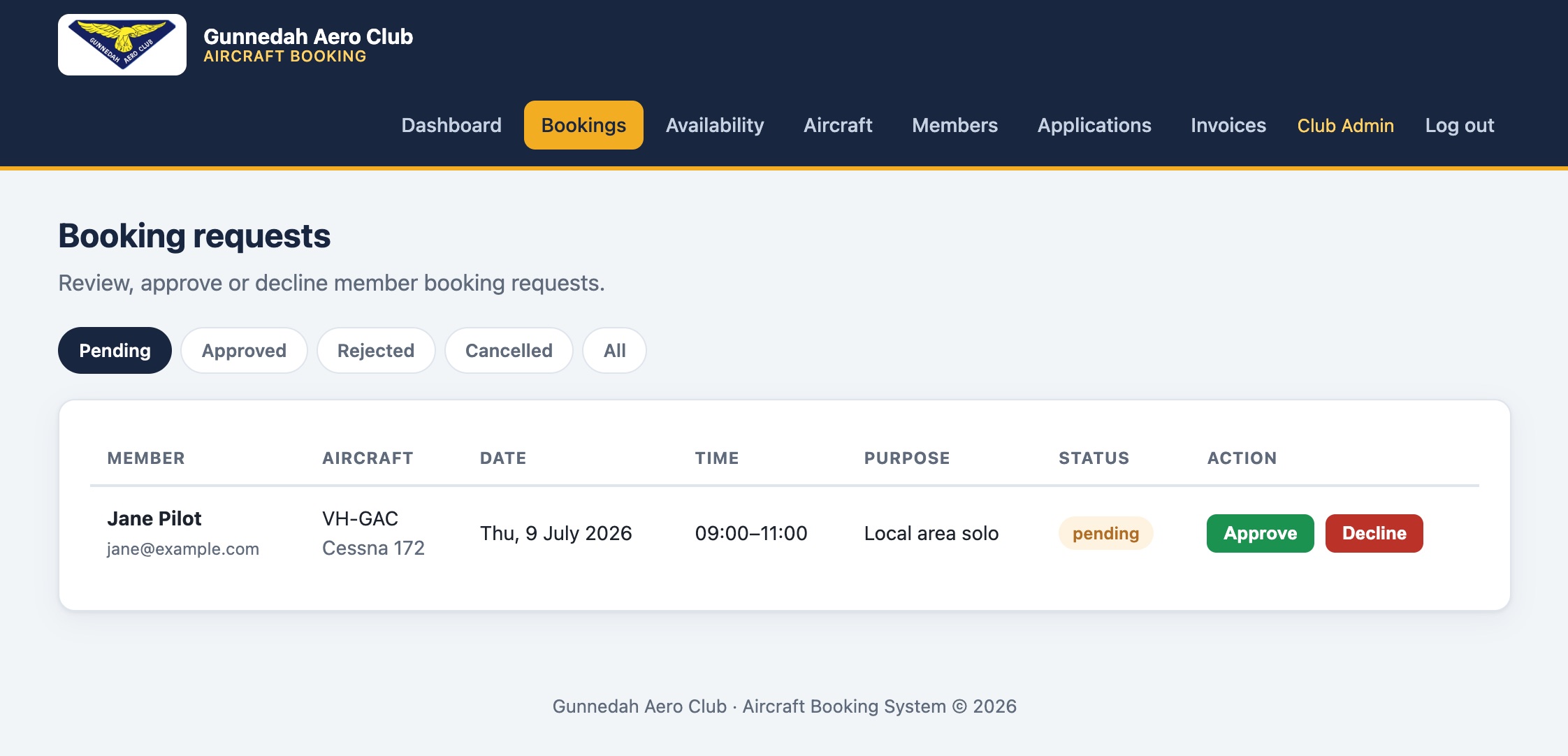 Gunnedah Aero Club - booking approvals admin
