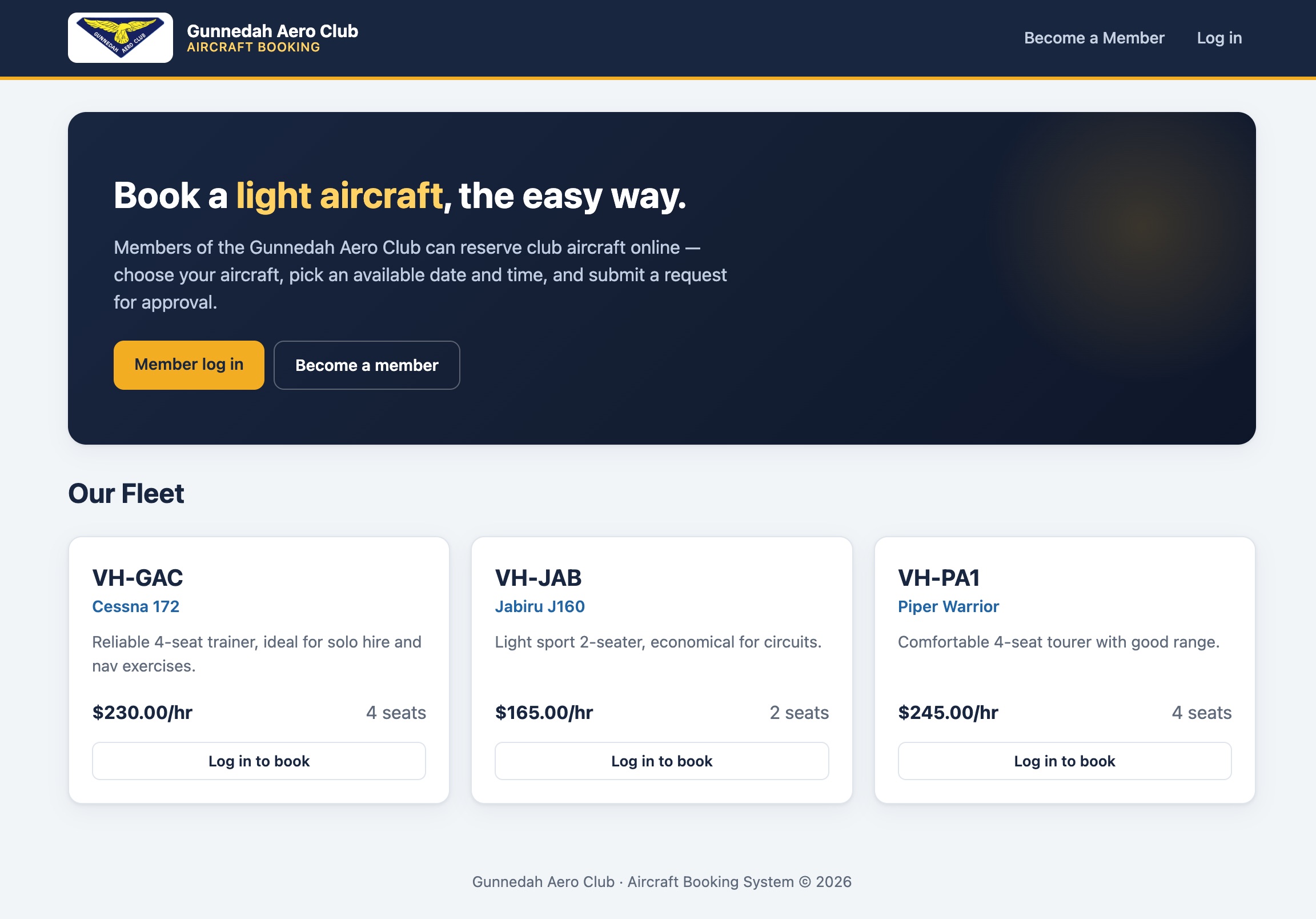 Gunnedah Aero Club - member aircraft booking landing page